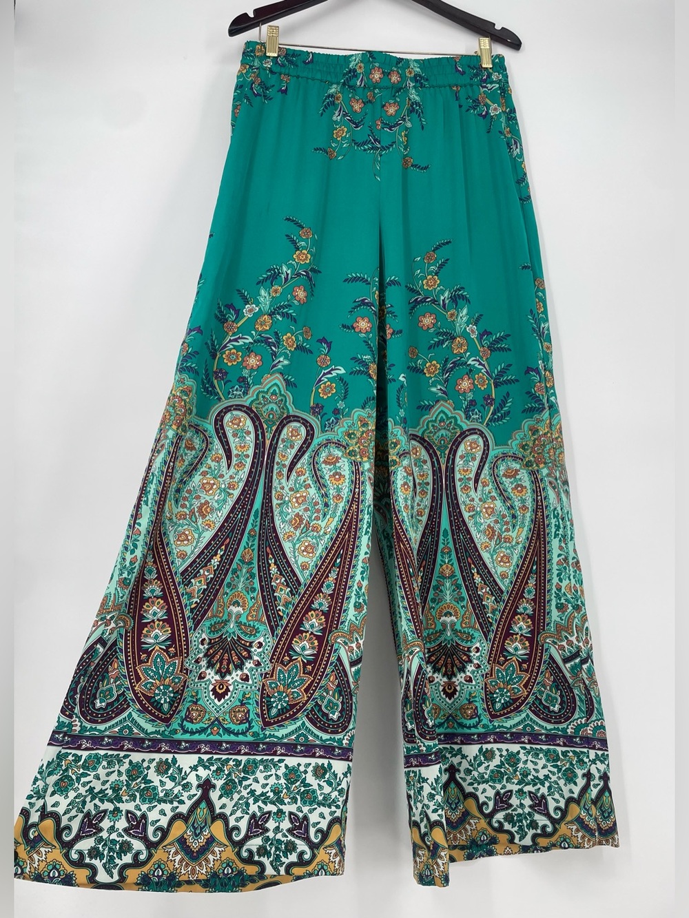 Rachel Zoe Green Teal Satin Bohemian Wide Leg Casual Pull On Pants Paisley Print